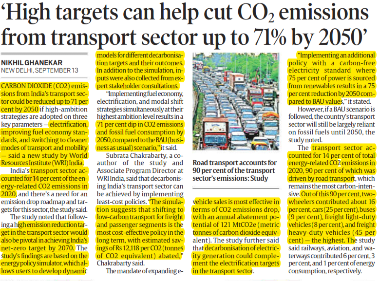 High targets can help cut Co2 emission from transport sector upto 71% by 2050