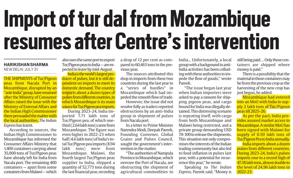 Import of tur dal from Mozambique resumes after Centre’s intervention