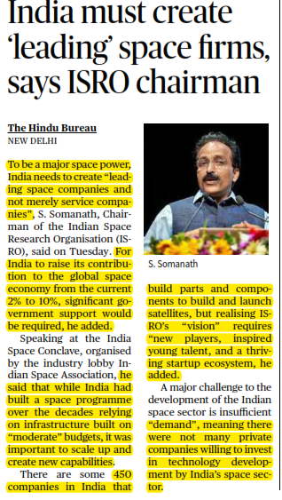 India must create ‘leading’ space firms, says ISRO chairman