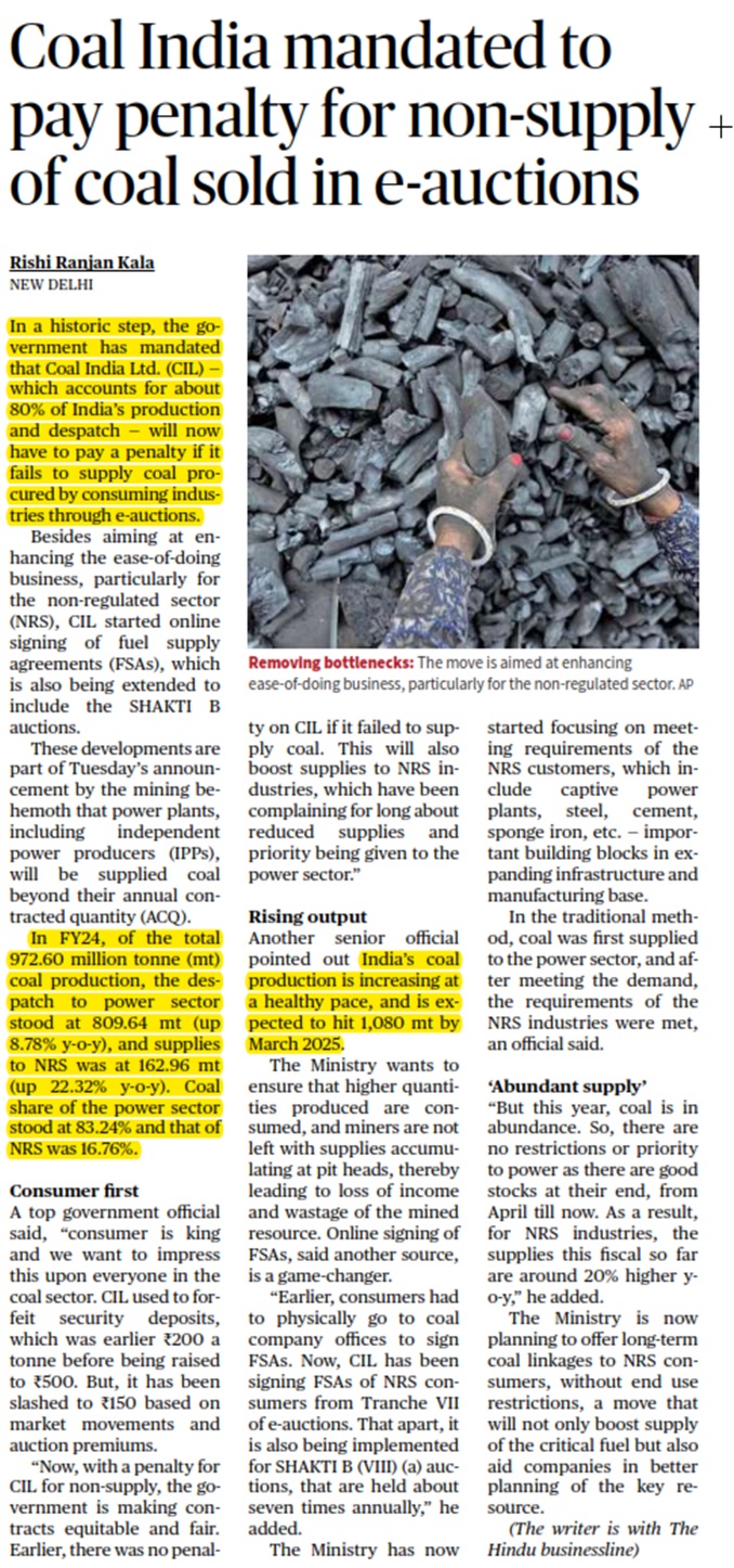 Coal India mandated to pay penalty for non-supply of coal sold in e-auctions