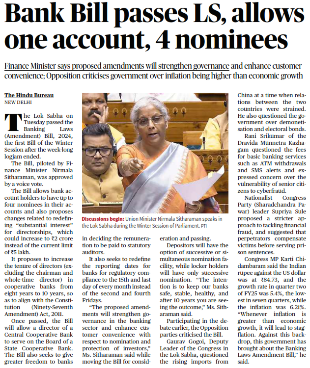 Bank Bill passes LS, allows one account, 4 nominees
