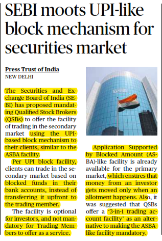 SEBI moots UPI-like block mechanism for securities market