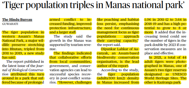 ‘Tiger population triples in Manas national park