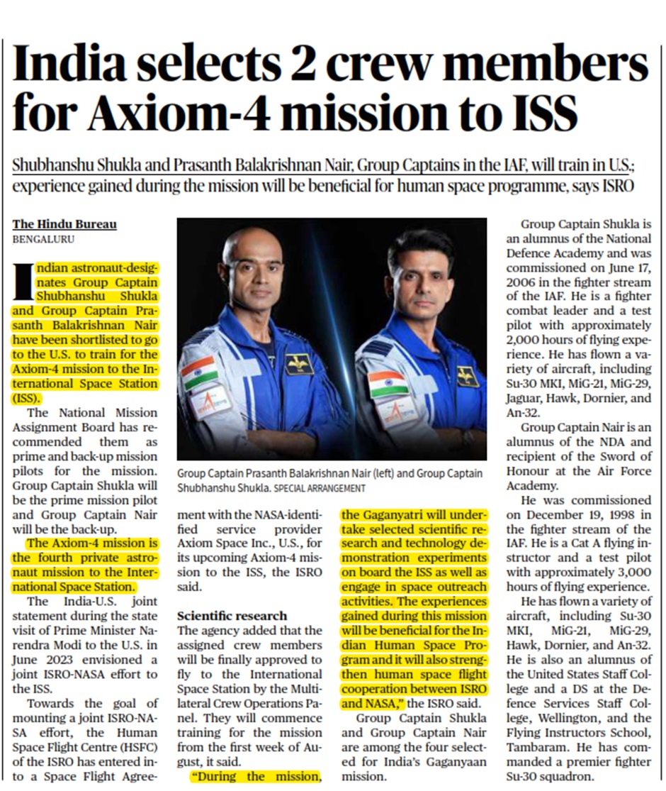 India selects 2 crew members for Axiom-4 mission to ISS