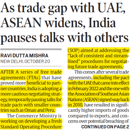 As trade gap with UAE, ASEAN widens, India pauses talks with others