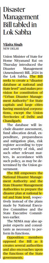 Disaster Management Bill tabled in Lok Sabha