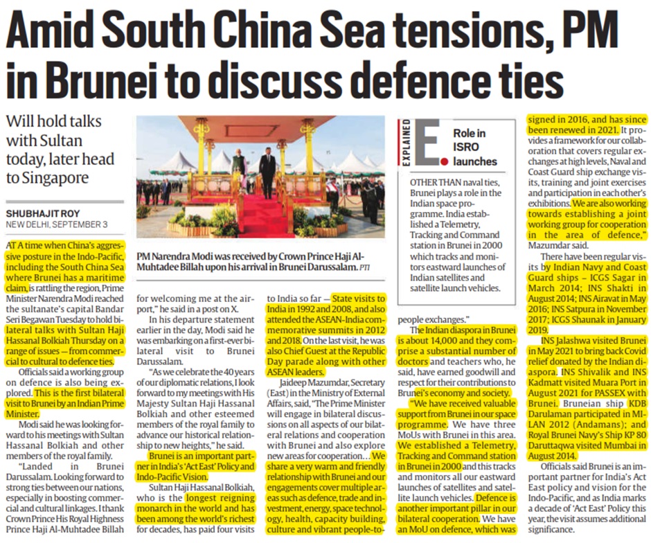 Amid South China Sea tension, PM in Brunei to discuss defence ties