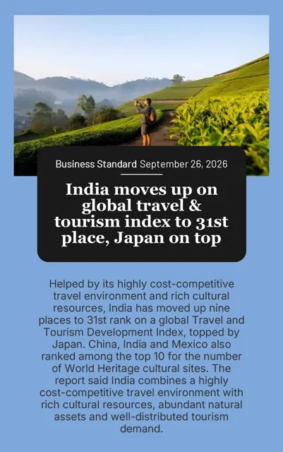 Japan Tops Travel & Tourism Development Index 2026, India Ranks 31st