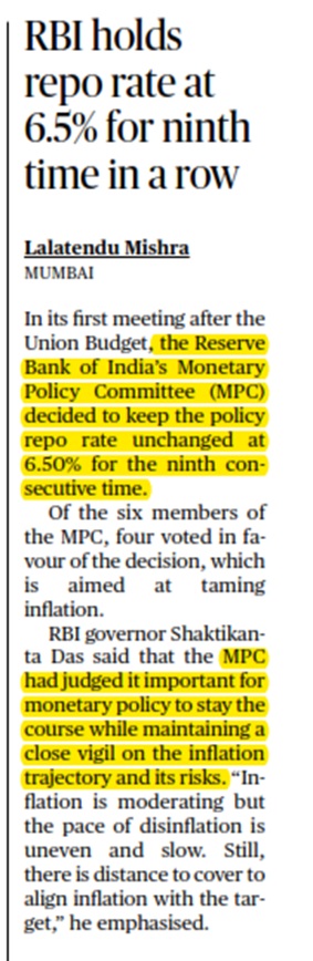 RBI holds repo rate at 6.5% for ninth time in a row