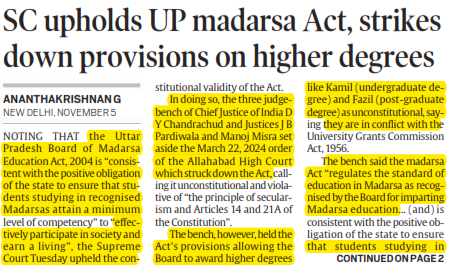SC upholds UP madarsa Act, strikes down provisions on higher degrees
