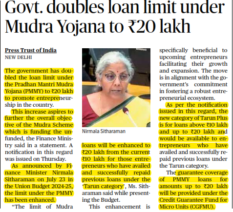 Govt. doubles loan limit under Mudra Yojana to ₹20 lakh