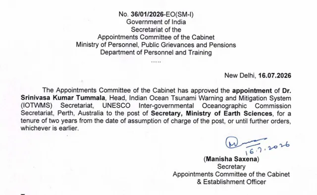 Dr. Srinivasa Kumar Tummala Appointed Secretary of Ministry of Earth Sciences