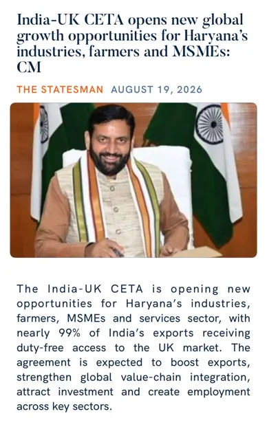 India-UK CETA to Boost Haryana's Exports and Investment