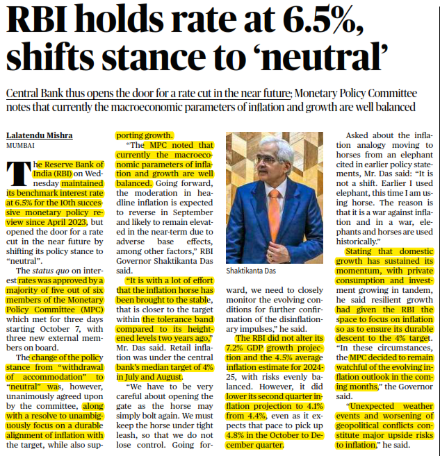 RBI holds rate at 6.5%, shifts stance to ‘neutral’