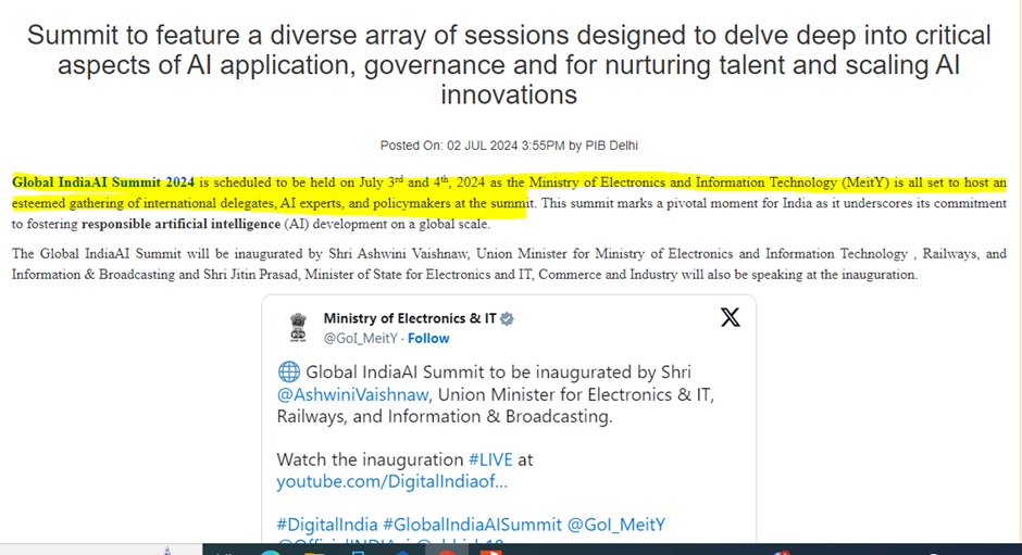 Shri Ashwini Vaishnaw to inaugurate the Global IndiaAI Summit 2024