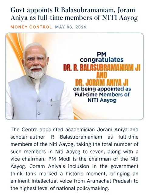 Government Appoints R Balasubramaniam and Joram Aniya as Full-Time Members of NITI Aayog