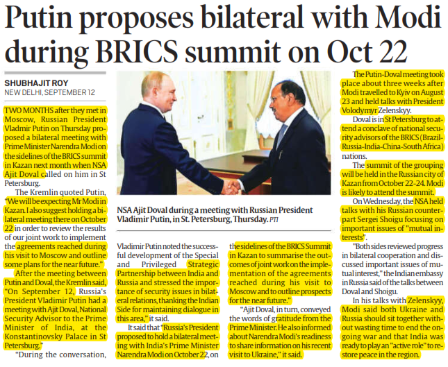 Putin proposes bilateral with Modi during BRICS summit on Oct