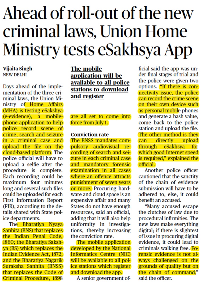 Ahead of roll-out of the new criminal laws, Union Home Ministry tests eSakhsya App