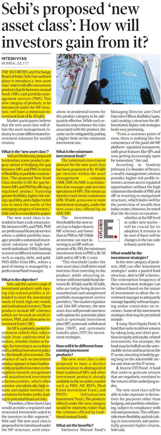 सेबी ने 10 लाख रुपये की न्यूनतम निवेश सीमा के साथ 'नया परिसंपत्ति वर्ग' लाने का प्रस्ताव रखा है