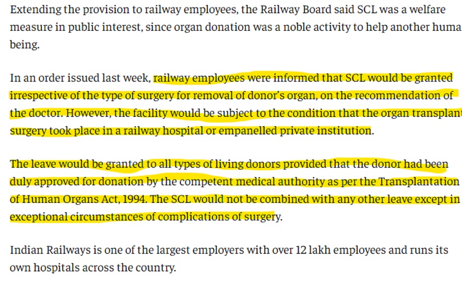 Railways grants 42-day special casual leave for organ donors