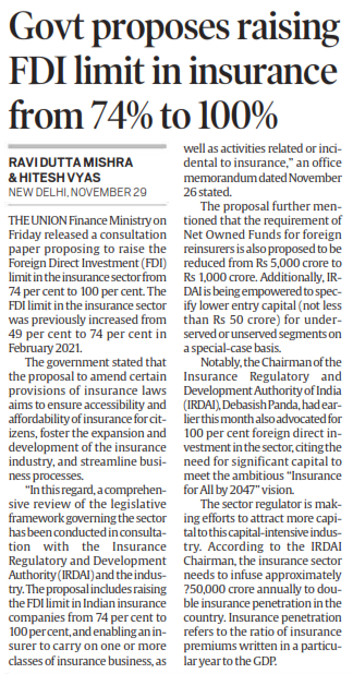 Govt proposes raising FDI limit in insurance from 74% to 100%