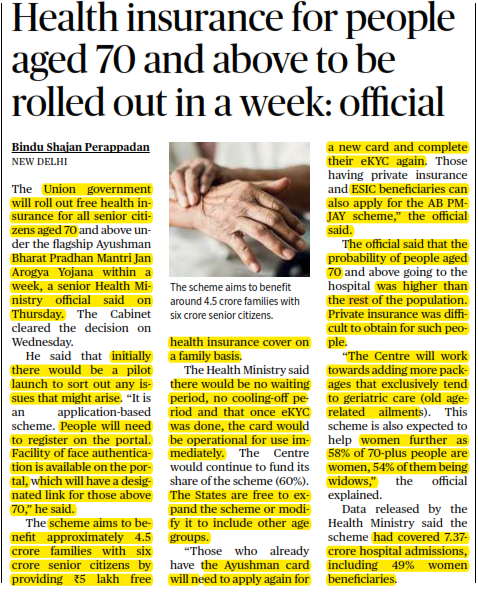 Health insurance for people aged 70 and above to be rolled out in a week: official