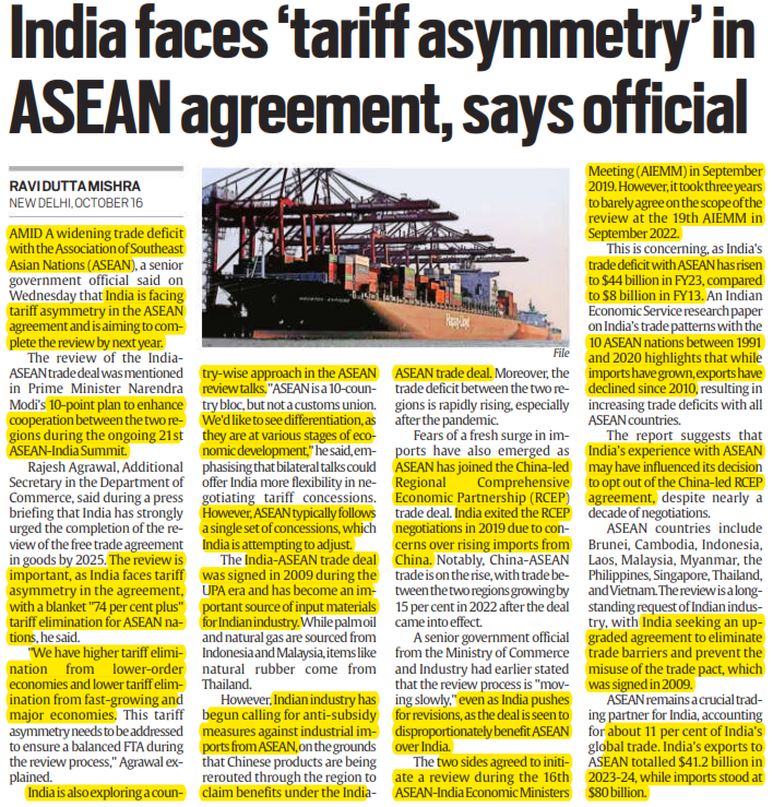 India faces 'tariff asymmetry' in ASEAN agreement, says official