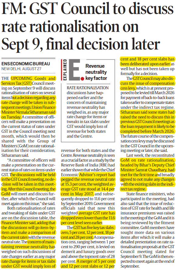 FM: GST council to discuss rate rationalization on Sept 9, final decision later