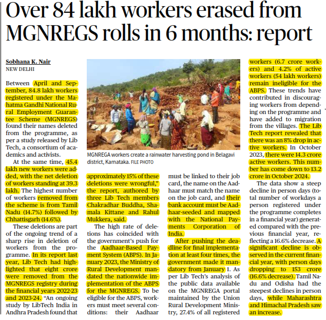 Over 84 lakh workers erased from MGNREGS rolls in 6 months: report