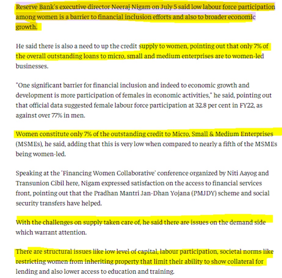 Only 7% of MSME credit to women; low female labour force participation drag on growth: RBI ED