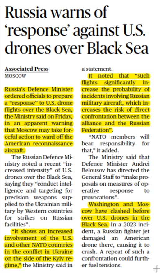 Russia warns of ‘response’ against U.S. drones over Black Sea
