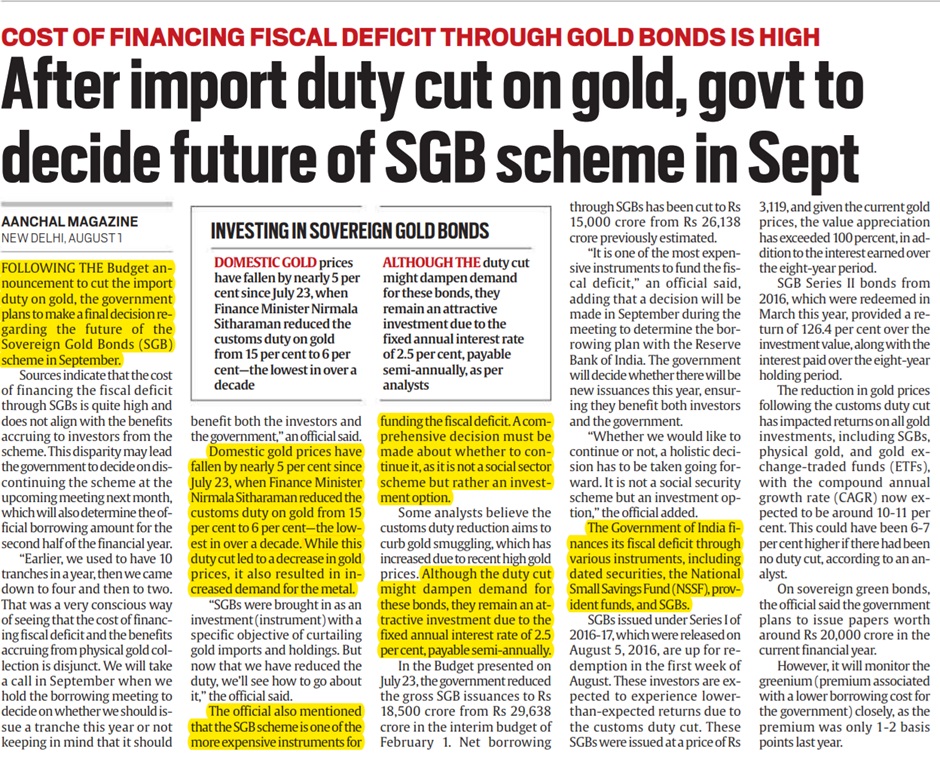 After import duty cut on gold, govt to decide future of Sovereign Gold Bonds scheme in September