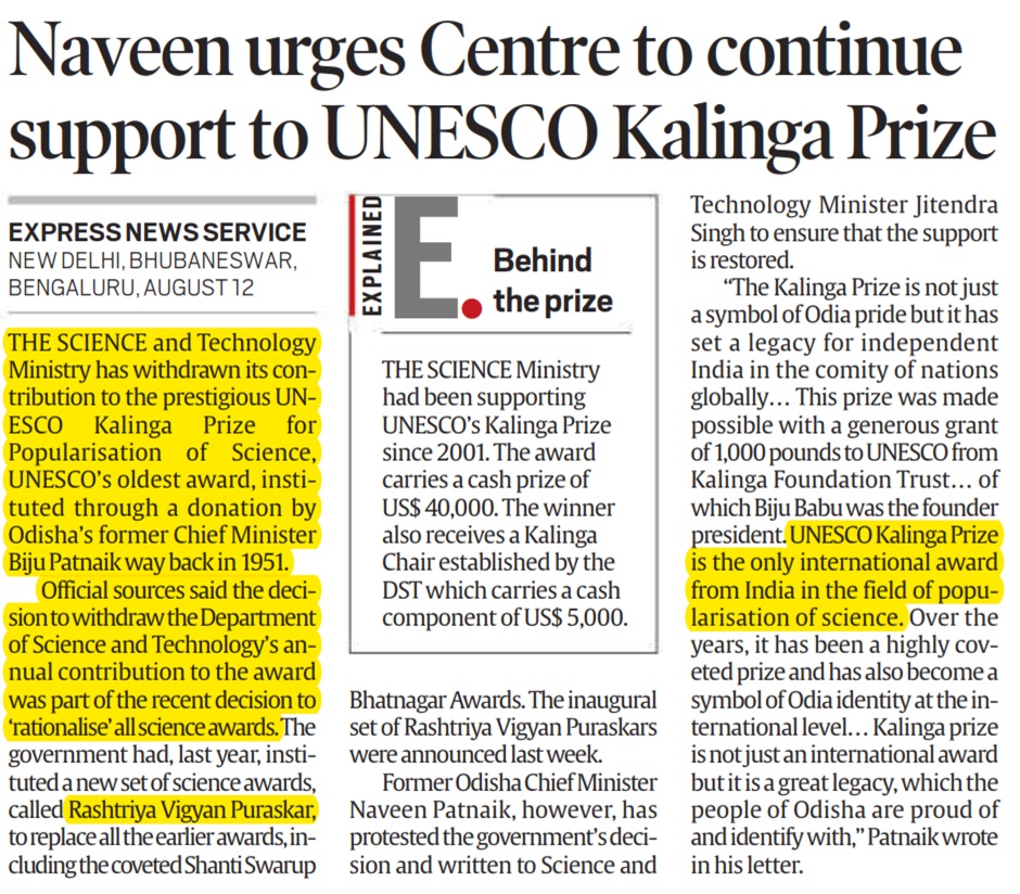Science and Technology Ministry withdraws support from Kalinga Prize