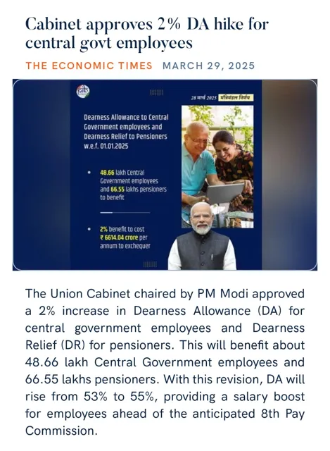 Union Cabinet Approves 2% Hike in Dearness Allowance and Dearness Relief