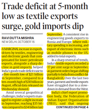 Trade deficit at 5-month low as textile exports surge, gold imports dip