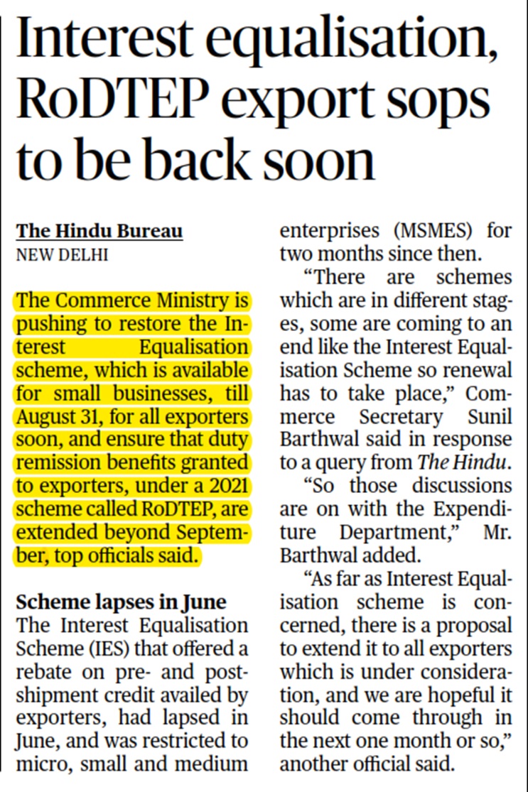 Interest equalisation, RoDTEP export sops to be back soon