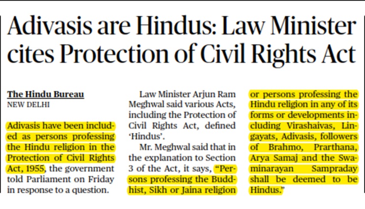 आदिवासी हिंदू हैं: कानून मंत्री ने नागरिक अधिकार संरक्षण अधिनियम का हवाला दिया