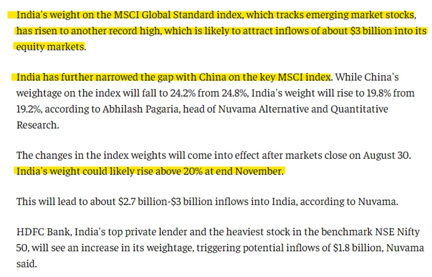 India's weight on key MSCI equity index rises to record high; $3 billion inflows likely