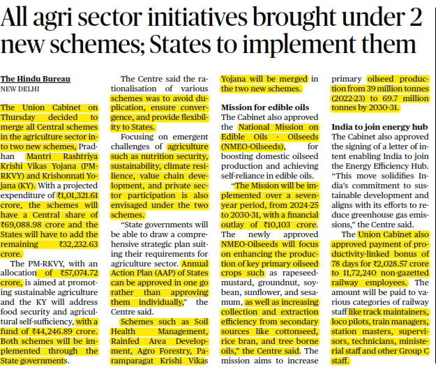 All agri sector initiatives brought under 2 new schemes; States to implement them