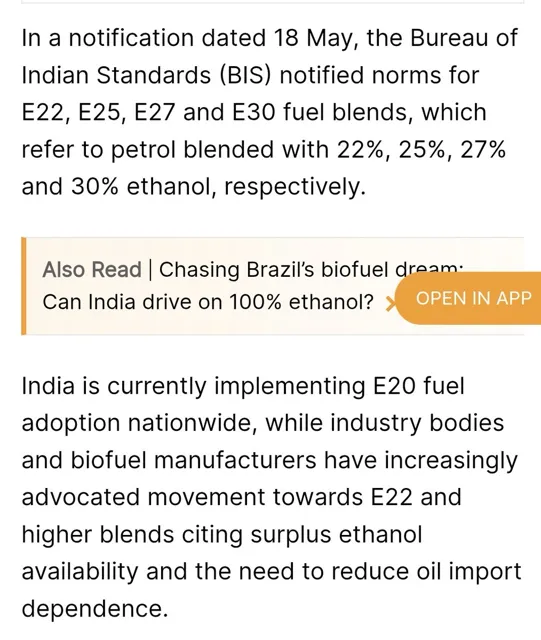 India Notifies Standards for Higher Ethanol-Petrol Blends