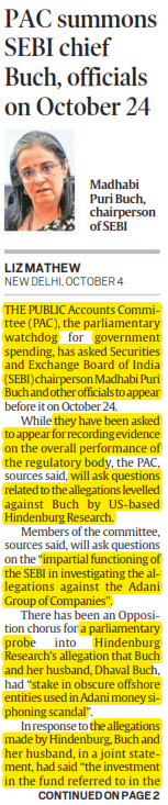 PAC summons SEBI chief Buch, officials on October 24