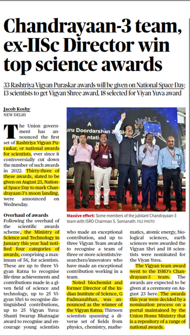 Chandrayaan-3 team, ex-IISc Director win top science awards