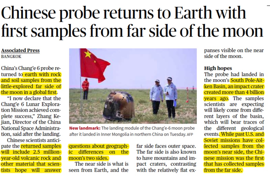 Chinese probe returns to Earth with first samples from far side of the moon