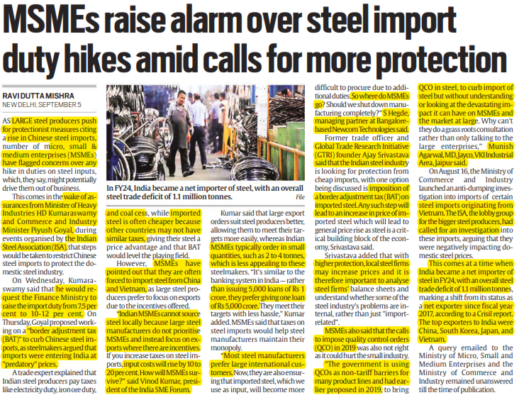MSME raises alarm over steel import duty hikes amidst call for more protection